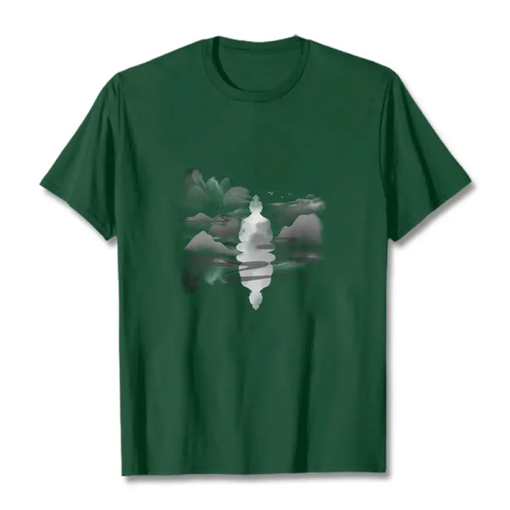 Buddha Stones Meditating Buddha Sitting In Mountains Pattern Cotton Tee T-shirt - Forest Green / S - T-Shirts