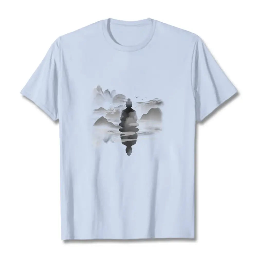Buddha Stones Meditating Buddha Sitting In Mountains Pattern Cotton Tee T-shirt - Light Cyan / S - T-Shirts