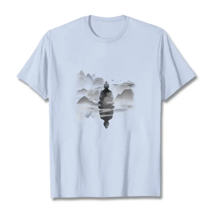 Buddha Stones Meditating Buddha Sitting In Mountains Pattern Cotton Tee T-shirt - Light Cyan / S - T-Shirts