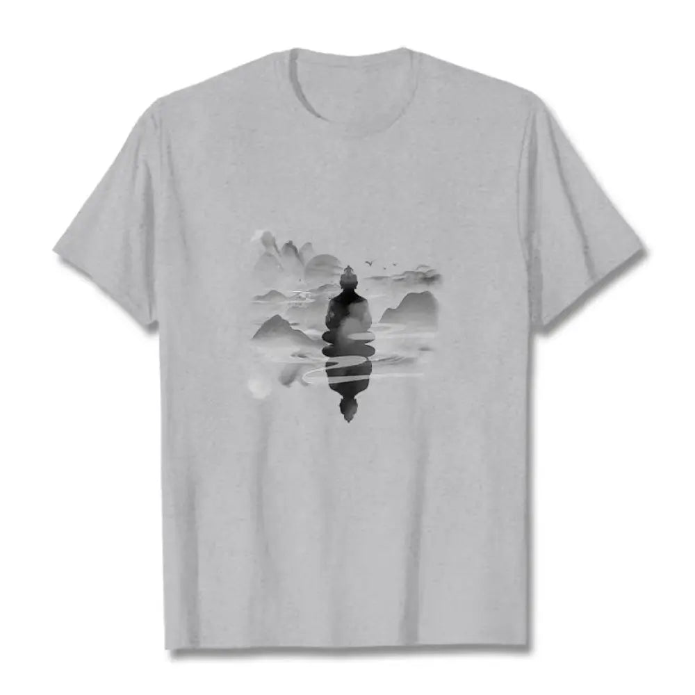 Buddha Stones Meditating Buddha Sitting In Mountains Pattern Cotton Tee T-shirt - Light Grey / S - T-Shirts
