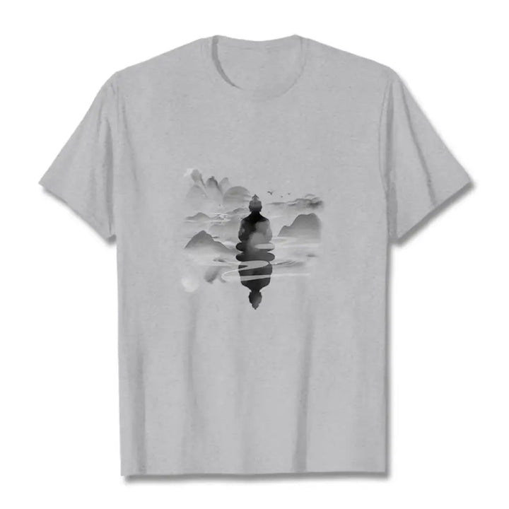 Buddha Stones Meditating Buddha Sitting In Mountains Pattern Cotton Tee T-shirt - Light Grey / S - T-Shirts