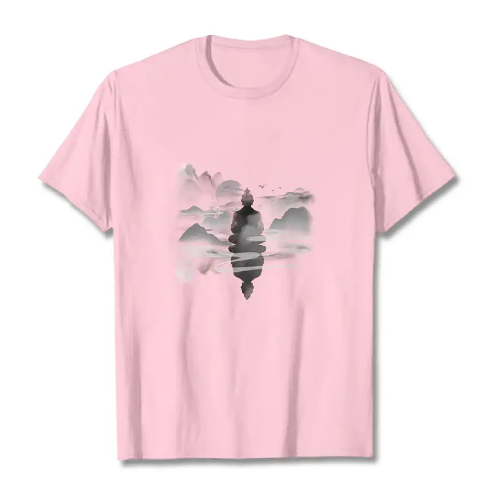Buddha Stones Meditating Buddha Sitting In Mountains Pattern Cotton Tee T-shirt - Light Pink / S - T-Shirts