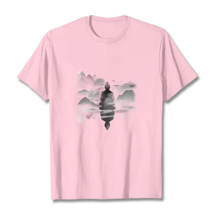 Buddha Stones Meditating Buddha Sitting In Mountains Pattern Cotton Tee T-shirt - Light Pink / S - T-Shirts