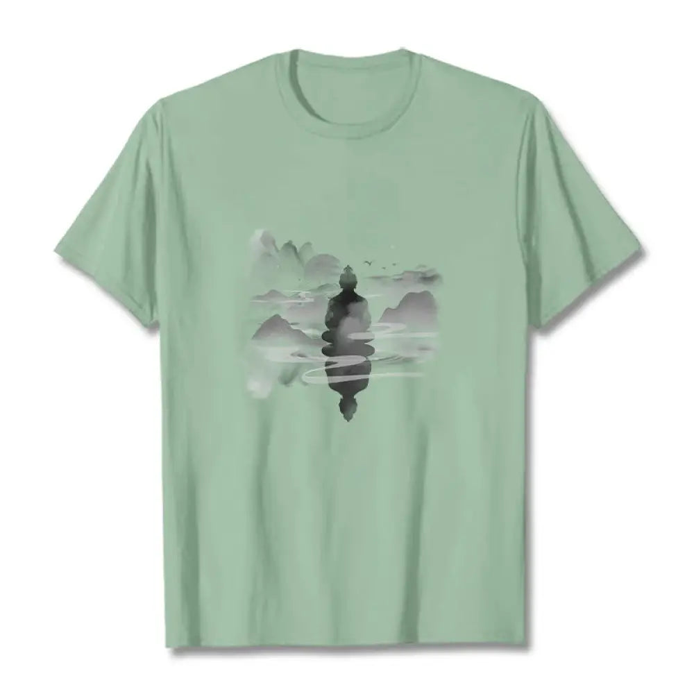 Buddha Stones Meditating Buddha Sitting In Mountains Pattern Cotton Tee T-shirt - Pale Green / S - T-Shirts