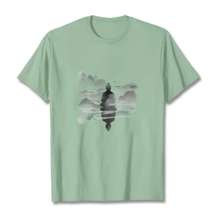 Buddha Stones Meditating Buddha Sitting In Mountains Pattern Cotton Tee T-shirt - Pale Green / S - T-Shirts