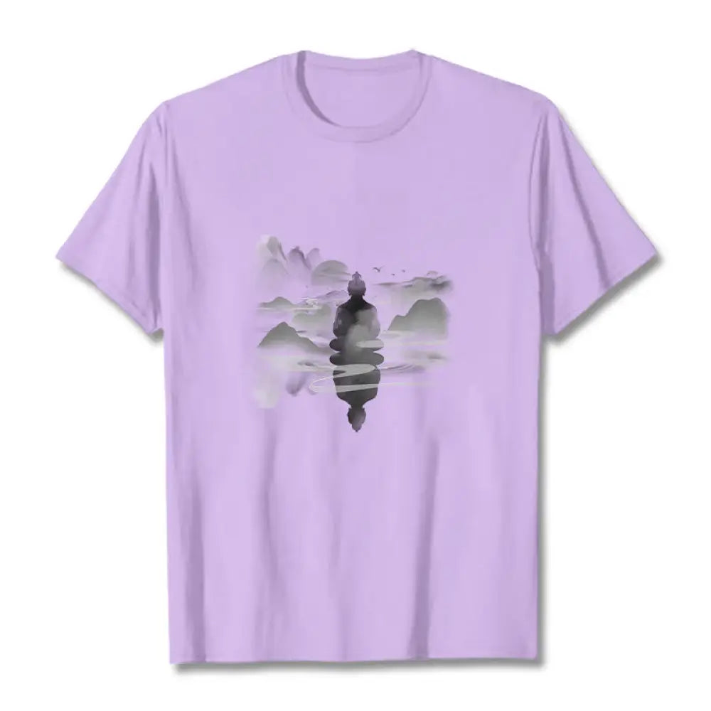 Buddha Stones Meditating Buddha Sitting In Mountains Pattern Cotton Tee T-shirt - Plum / S - T-Shirts