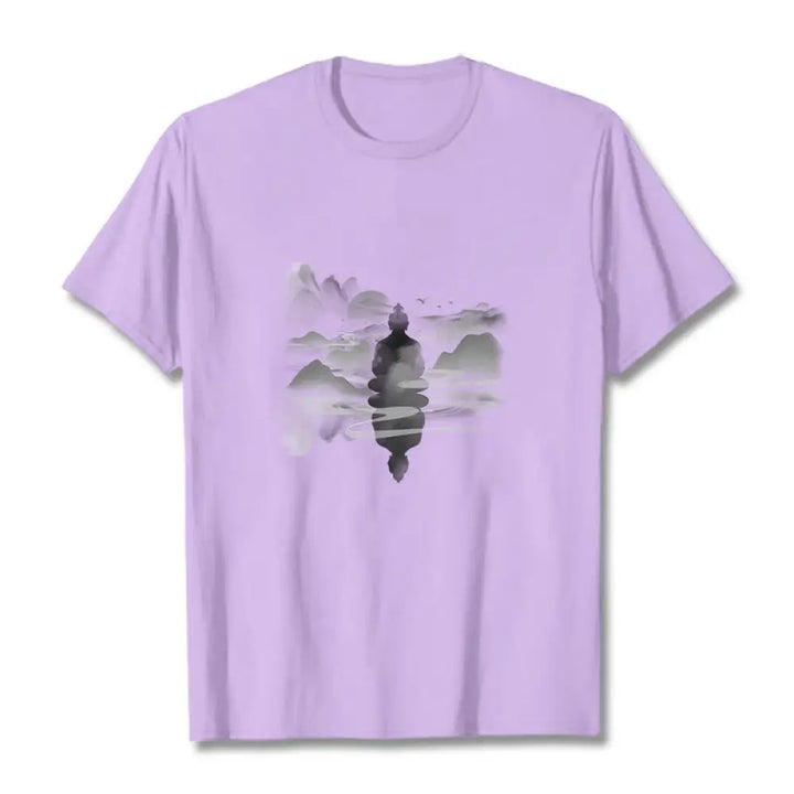 Buddha Stones Meditating Buddha Sitting In Mountains Pattern Cotton Tee T-shirt - Plum / S - T-Shirts