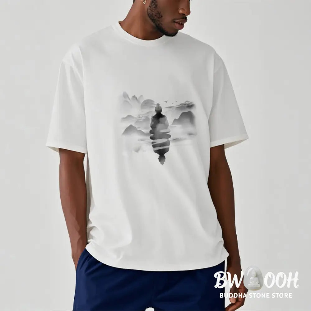 Buddha Stones Meditating Buddha Sitting In Mountains Pattern Cotton Tee T-shirt - T-Shirts