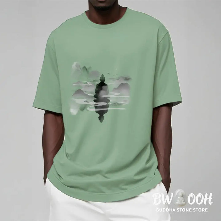 Buddha Stones Meditating Buddha Sitting In Mountains Pattern Cotton Tee T-shirt - T-Shirts