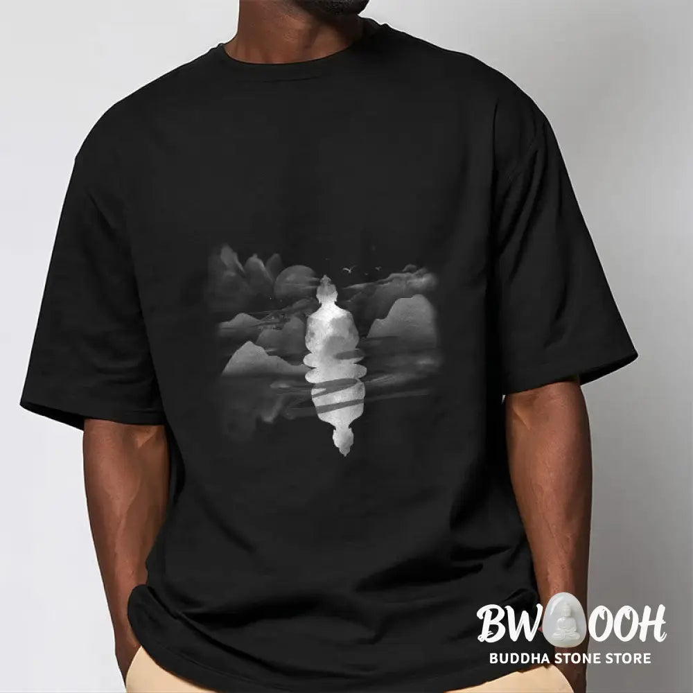 Buddha Stones Meditating Buddha Sitting In Mountains Pattern Cotton Tee T-shirt - T-Shirts
