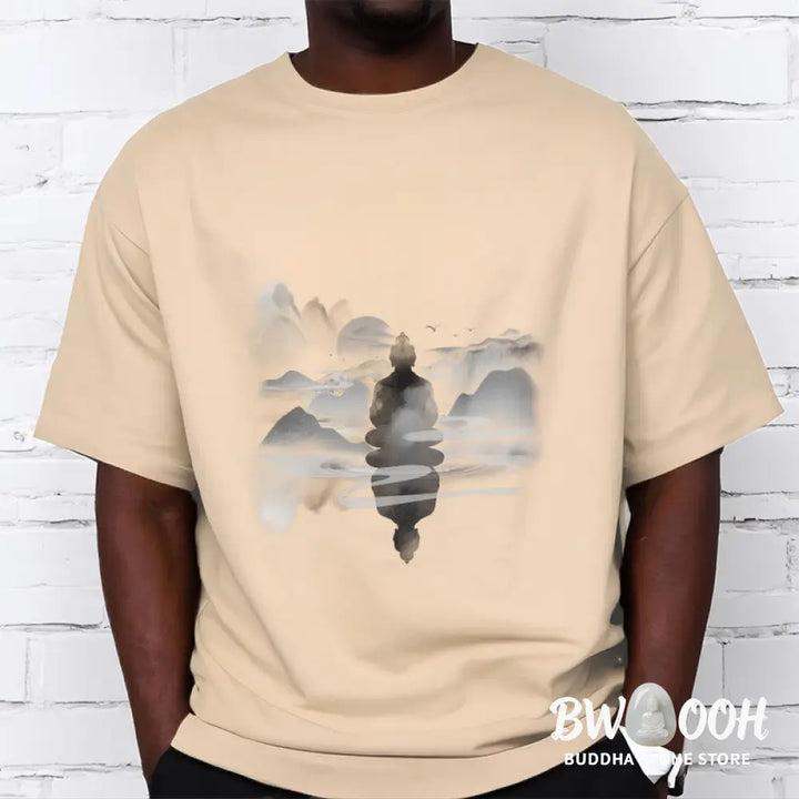 Buddha Stones Meditating Buddha Sitting In Mountains Pattern Cotton Tee T-shirt - T-Shirts