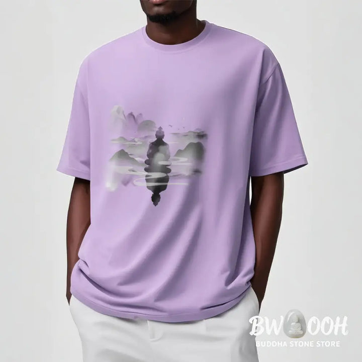 Buddha Stones Meditating Buddha Sitting In Mountains Pattern Cotton Tee T-shirt - T-Shirts