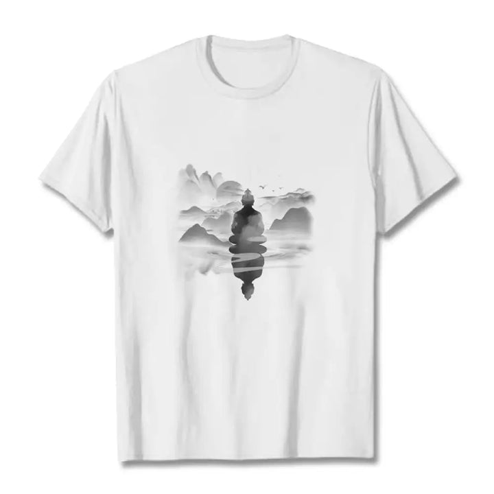Buddha Stones Meditating Buddha Sitting In Mountains Pattern Cotton Tee T-shirt - White / S - T-Shirts