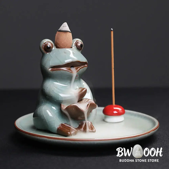 BWOOOH Meditation Frog Ceramic Lotus Healing Incense Burner - Sitting Frog - Incense Burner