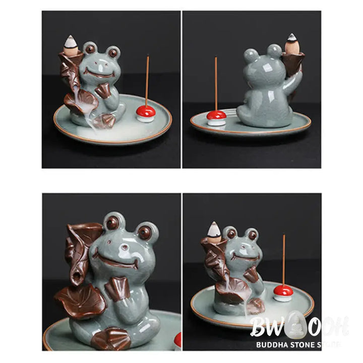 BWOOOH Meditation Frog Ceramic Lotus Healing Incense Burner - Sitting Frog - Incense Burner