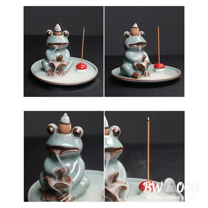 BWOOOH Meditation Frog Ceramic Lotus Healing Incense Burner - Sitting Frog - Incense Burner