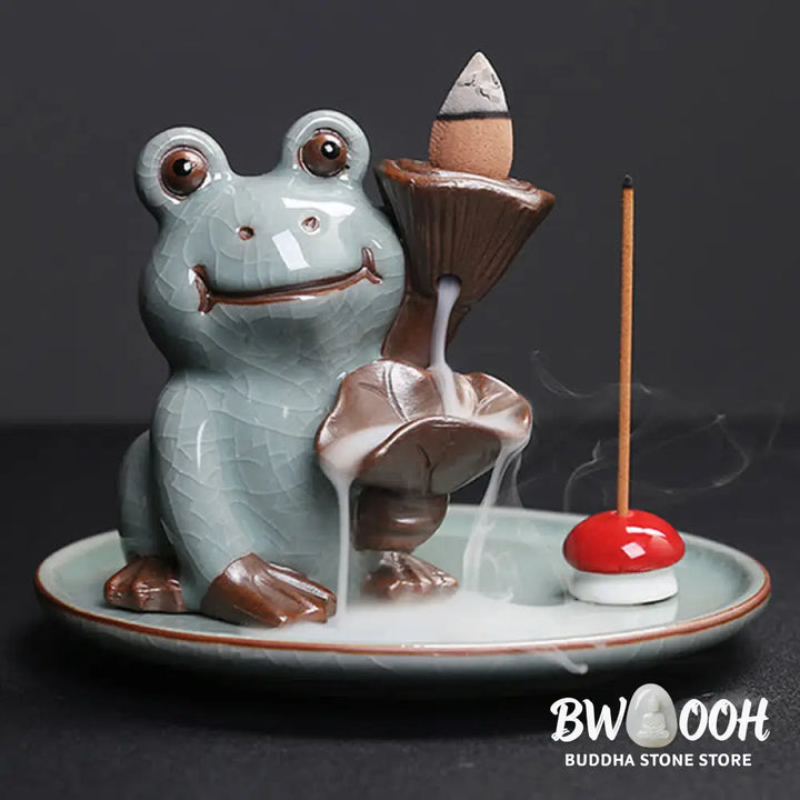 BWOOOH Meditation Frog Ceramic Lotus Healing Incense Burner - Sitting Frog - Incense Burner