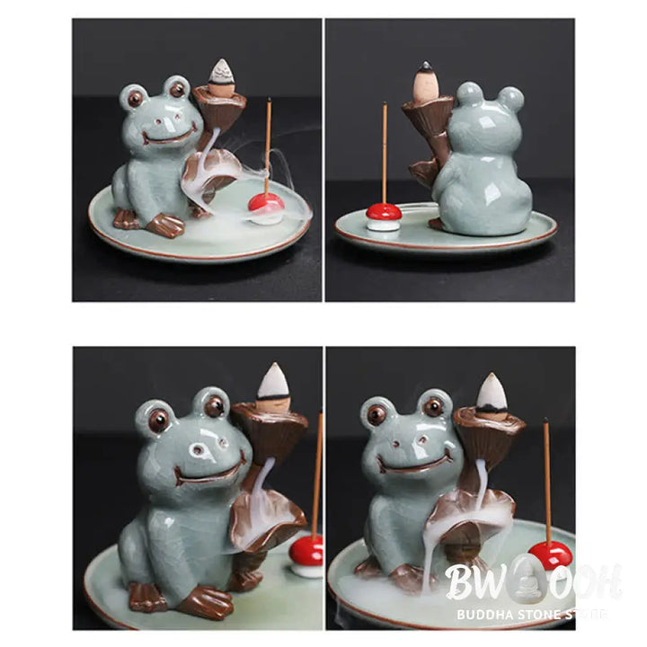 BWOOOH Meditation Frog Ceramic Lotus Healing Incense Burner - Sitting Frog - Incense Burner