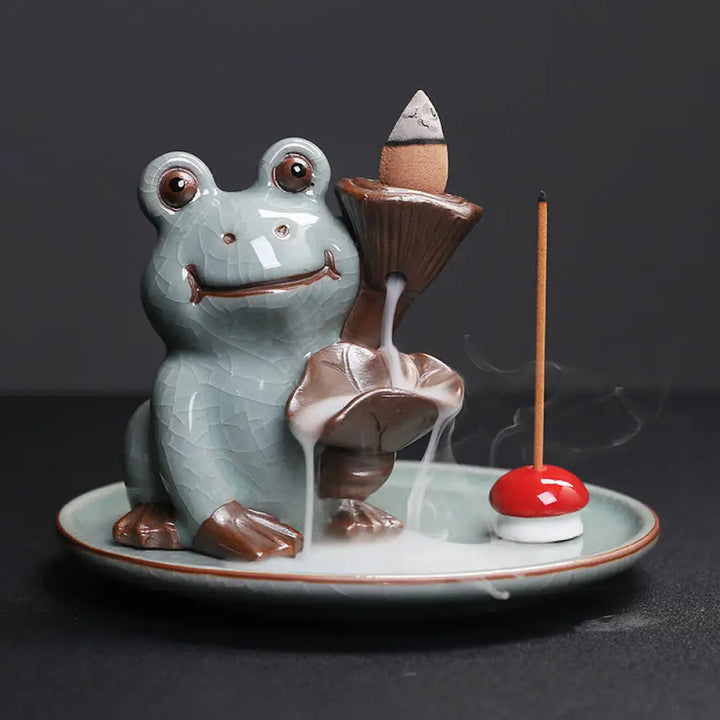 BWOOOH Meditation Frog Ceramic Lotus Healing Incense Burner - Sitting Frog - Incense Burner