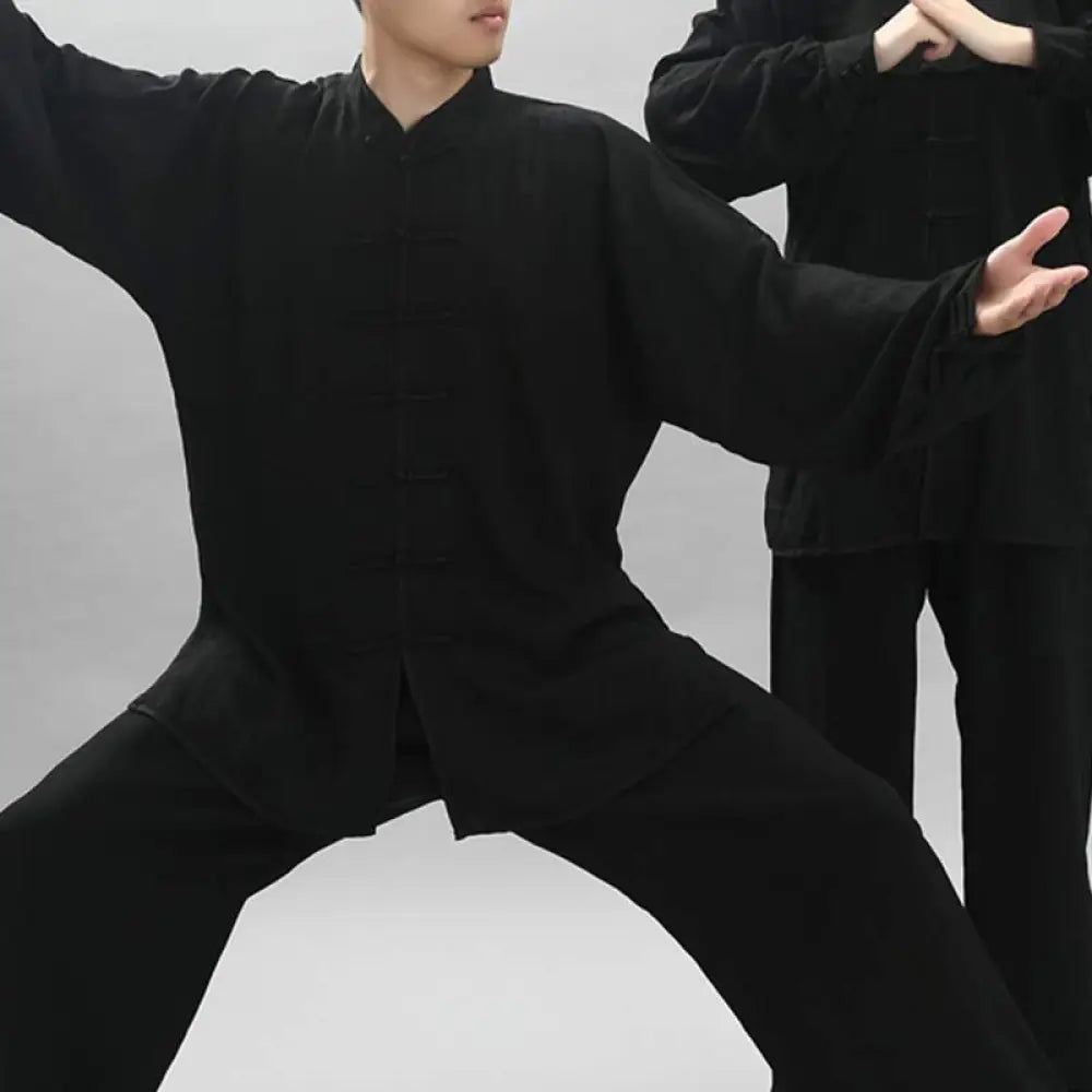 Buddha Stones Meditation Zen Prayer Spiritual Tai Chi Qigong Practice Unisex Embroidery Clothing Set - Black Long
