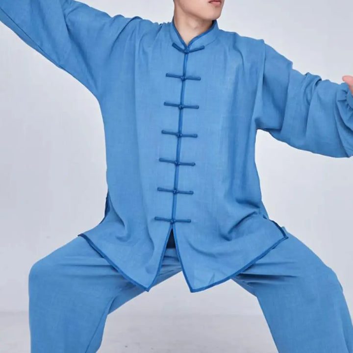 Buddha Stones Meditation Zen Prayer Spiritual Tai Chi Qigong Practice Unisex Embroidery Clothing Set - DeepSkyBlue Long