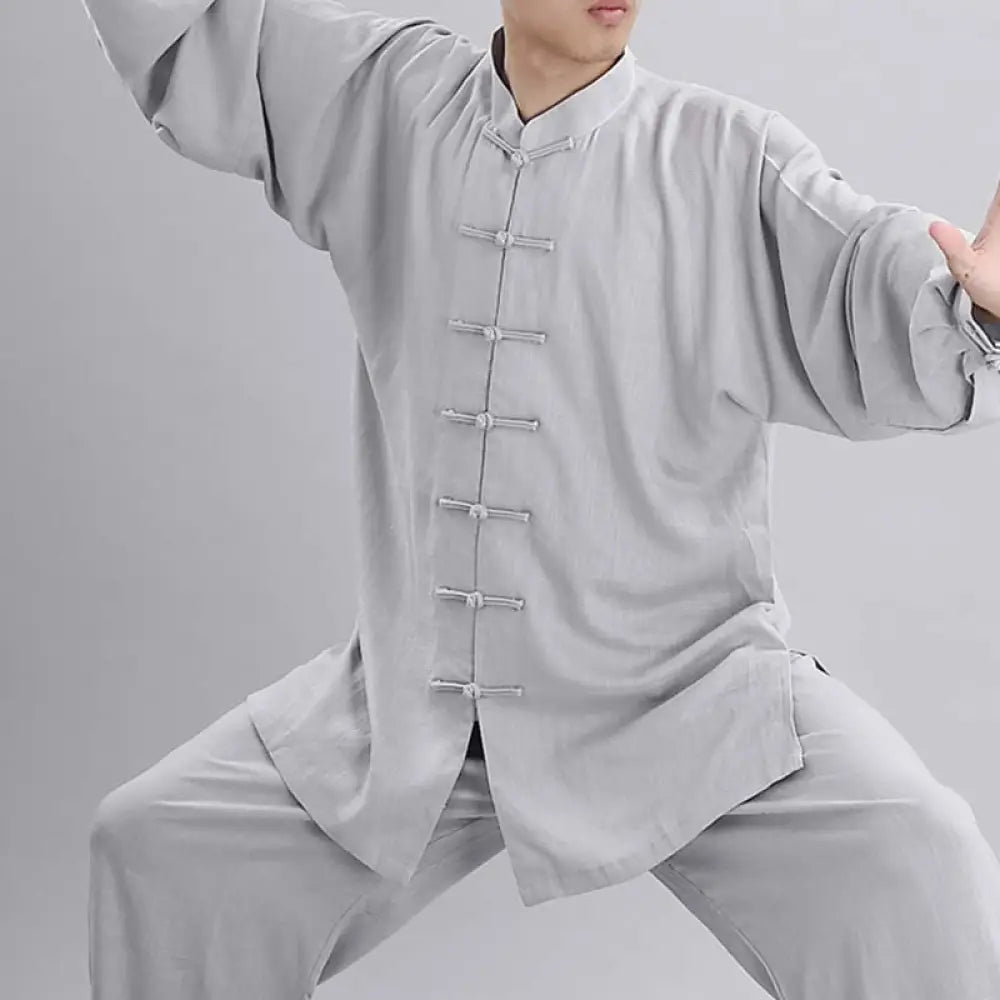 Buddha Stones Meditation Zen Prayer Spiritual Tai Chi Qigong Practice Unisex Embroidery Clothing Set - Light Grey Long