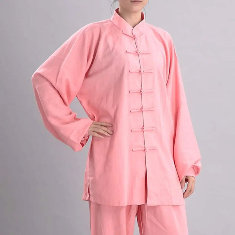 Buddha Stones Meditation Zen Prayer Spiritual Tai Chi Qigong Practice Unisex Embroidery Clothing Set - Pink Long Sleeve