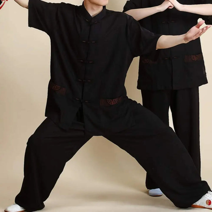 Buddha Stones Meditation Zen Prayer Spiritual Tai Chi Qigong Practice Unisex Embroidery Clothing Set - Short Sleeve