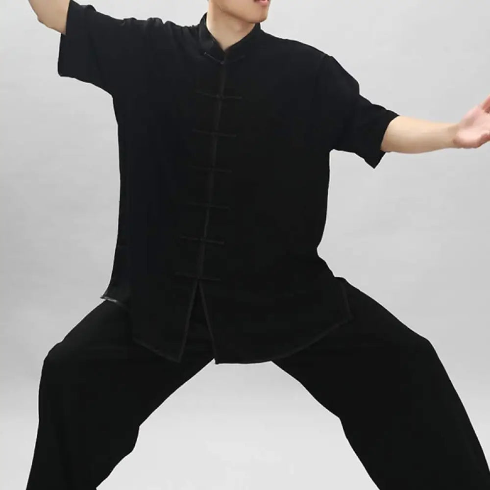 Buddha Stones Meditation Zen Prayer Spiritual Tai Chi Qigong Practice Unisex Embroidery Clothing Set - Short Sleeve