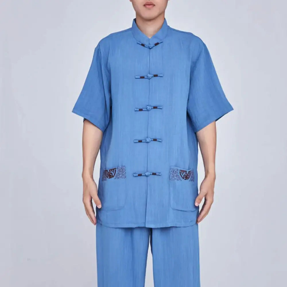 Buddha Stones Meditation Zen Prayer Spiritual Tai Chi Qigong Practice Unisex Embroidery Clothing Set - Short Sleeve