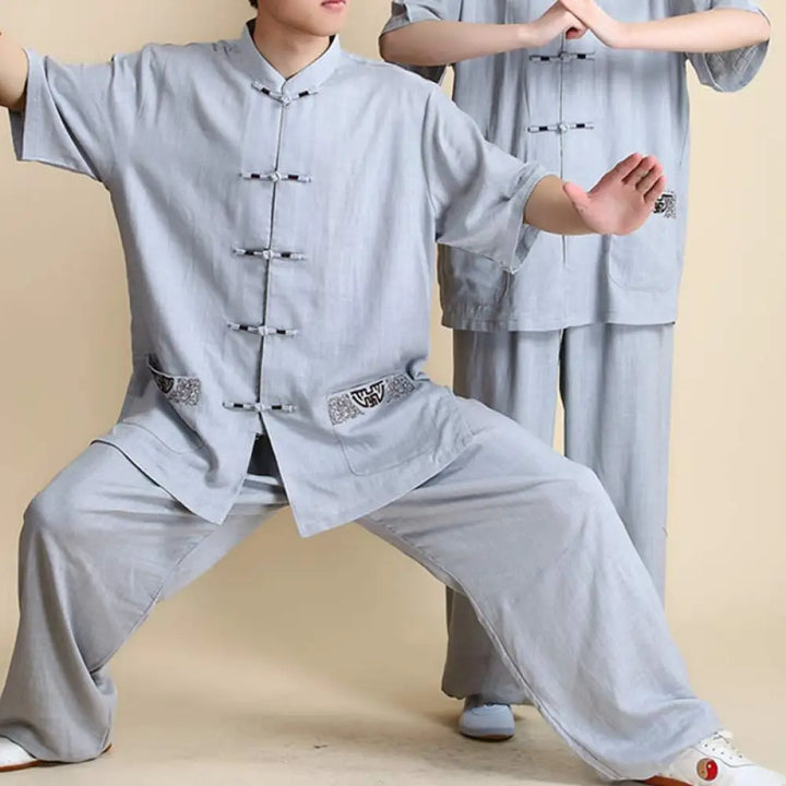 Buddha Stones Meditation Zen Prayer Spiritual Tai Chi Qigong Practice Unisex Embroidery Clothing Set - Short Sleeve