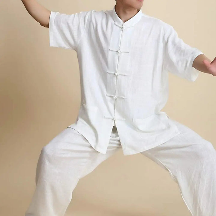 Buddha Stones Meditation Zen Prayer Spiritual Tai Chi Qigong Practice Unisex Embroidery Clothing Set - Short Sleeve