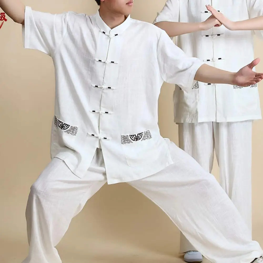 Buddha Stones Meditation Zen Prayer Spiritual Tai Chi Qigong Practice Unisex Embroidery Clothing Set - Short Sleeve