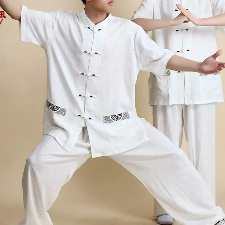 Buddha Stones Meditation Zen Prayer Spiritual Tai Chi Qigong Practice Unisex Embroidery Clothing Set - Short Sleeve