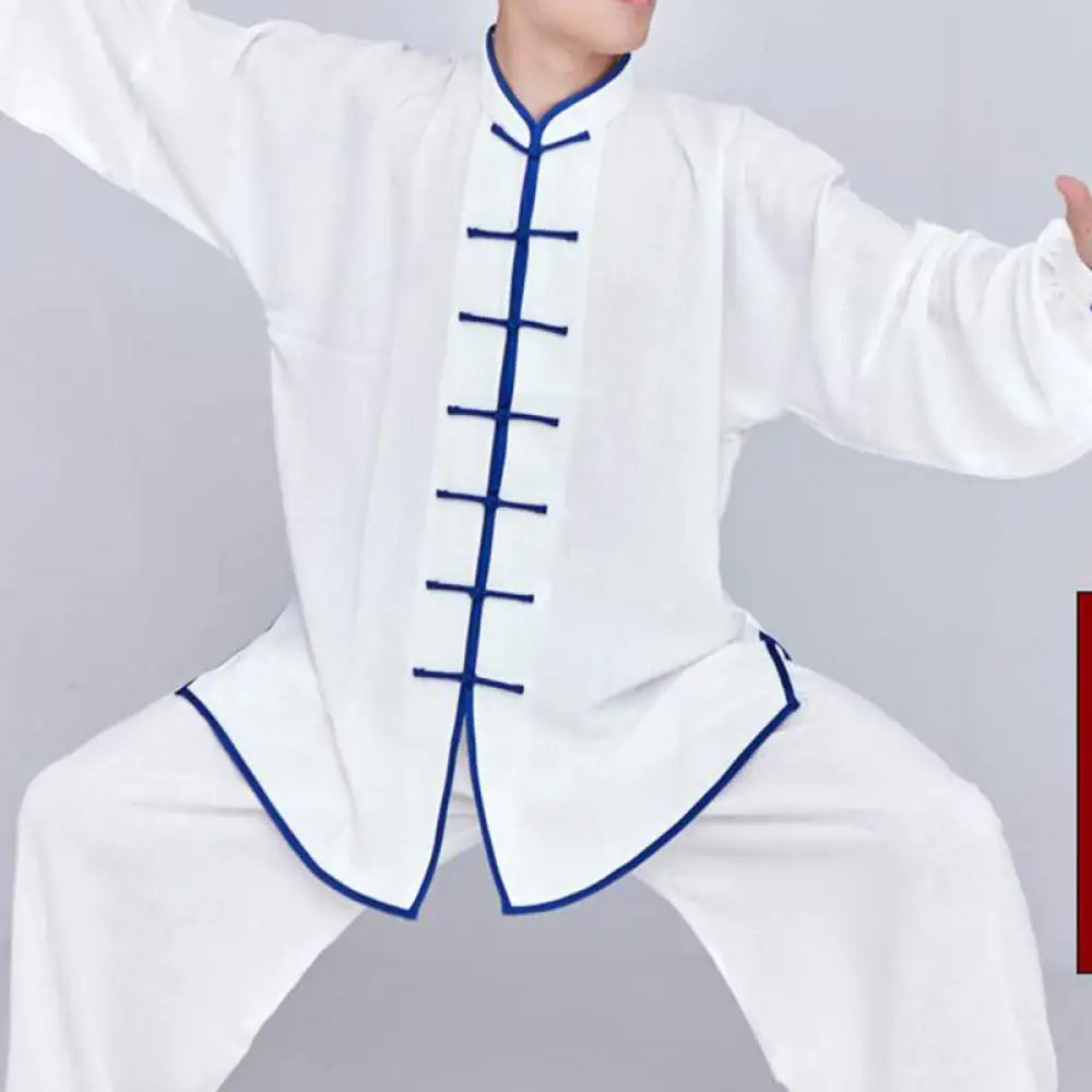 Buddha Stones Meditation Zen Prayer Spiritual Tai Chi Qigong Practice Unisex Embroidery Clothing Set - White + Blue