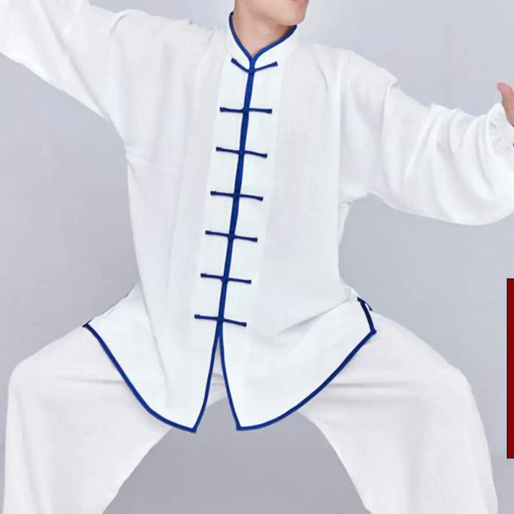 Buddha Stones Meditation Zen Prayer Spiritual Tai Chi Qigong Practice Unisex Embroidery Clothing Set - White + Blue
