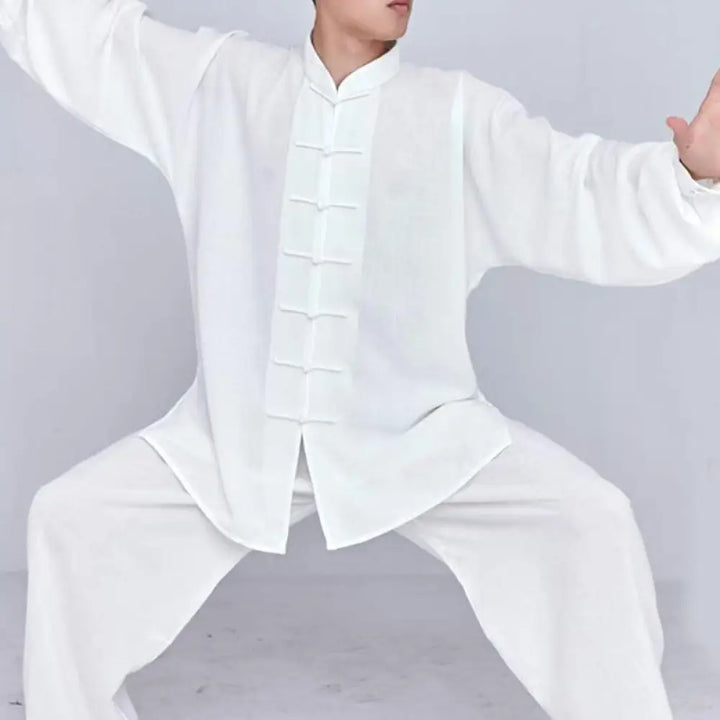 Buddha Stones Meditation Zen Prayer Spiritual Tai Chi Qigong Practice Unisex Embroidery Clothing Set - White Long
