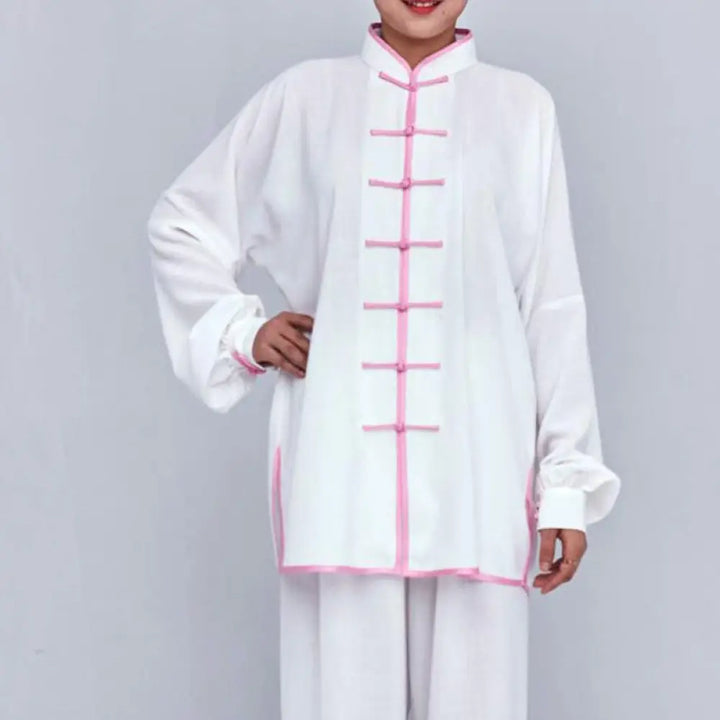 Buddha Stones Meditation Zen Prayer Spiritual Tai Chi Qigong Practice Unisex Embroidery Clothing Set - White + Pink