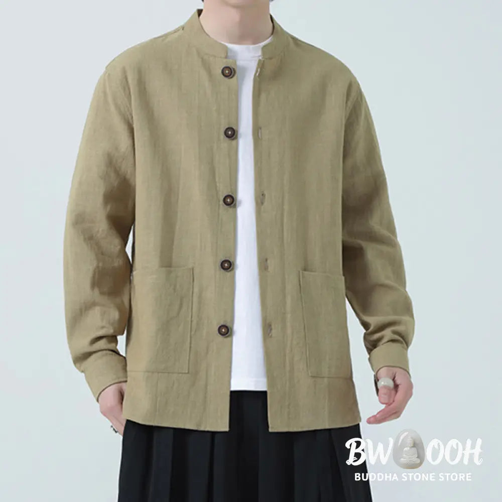 Buddha Stones Men’s Button Ramie Linen Cotton Fleece Lined Jacket Shirt With Pockets - Men’s Jacket Shirt