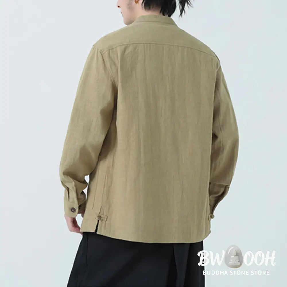 Buddha Stones Men’s Button Ramie Linen Cotton Fleece Lined Jacket Shirt With Pockets - Men’s Jacket Shirt