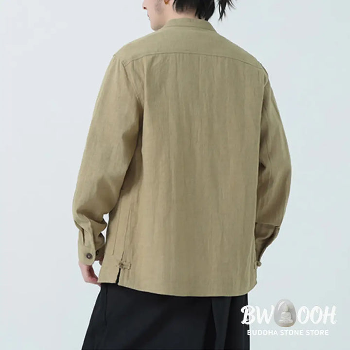 Buddha Stones Men’s Button Ramie Linen Cotton Fleece Lined Jacket Shirt With Pockets - Men’s Jacket Shirt