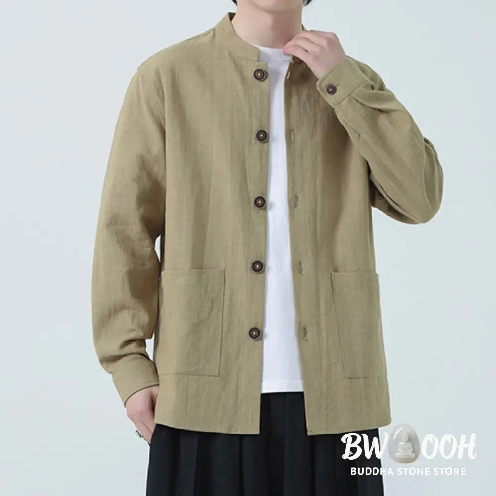 Buddha Stones Men’s Button Ramie Linen Cotton Fleece Lined Jacket Shirt With Pockets - Men’s Jacket Shirt