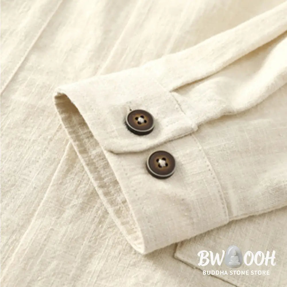 Buddha Stones Men’s Button Ramie Linen Cotton Fleece Lined Jacket Shirt With Pockets - Men’s Jacket Shirt