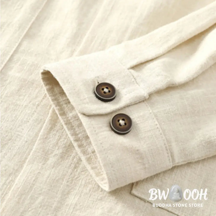 Buddha Stones Men’s Button Ramie Linen Cotton Fleece Lined Jacket Shirt With Pockets - Men’s Jacket Shirt