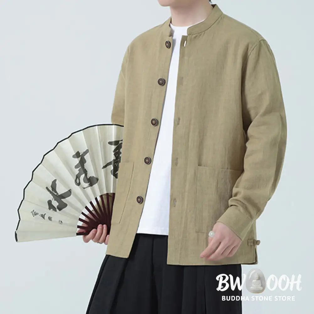 Buddha Stones Men’s Button Ramie Linen Cotton Fleece Lined Jacket Shirt With Pockets - Men’s Jacket Shirt