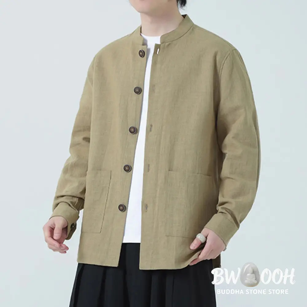 Buddha Stones Men’s Button Ramie Linen Cotton Fleece Lined Jacket Shirt With Pockets - Men’s Jacket Shirt