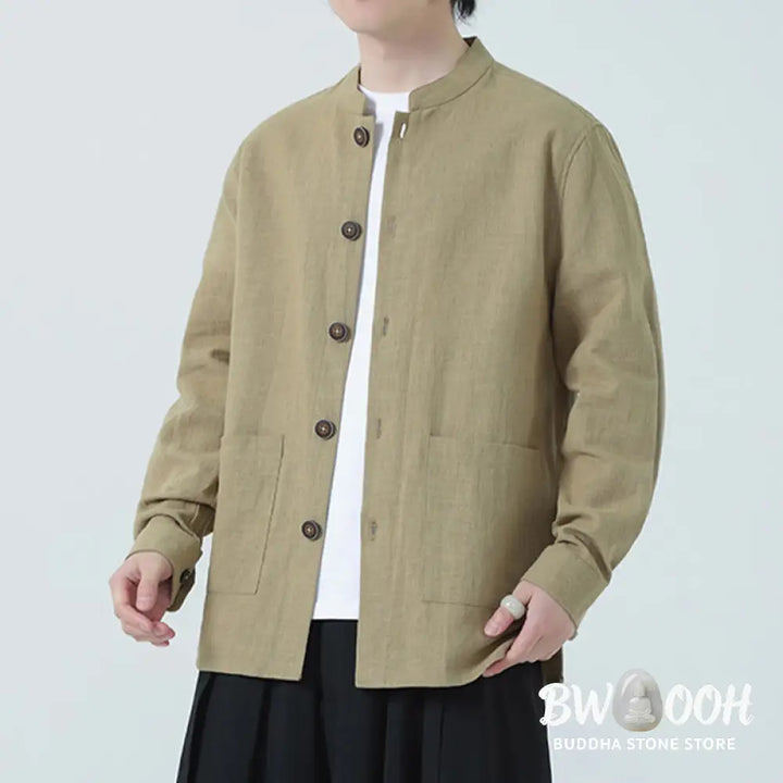 Buddha Stones Men’s Button Ramie Linen Cotton Fleece Lined Jacket Shirt With Pockets - Men’s Jacket Shirt