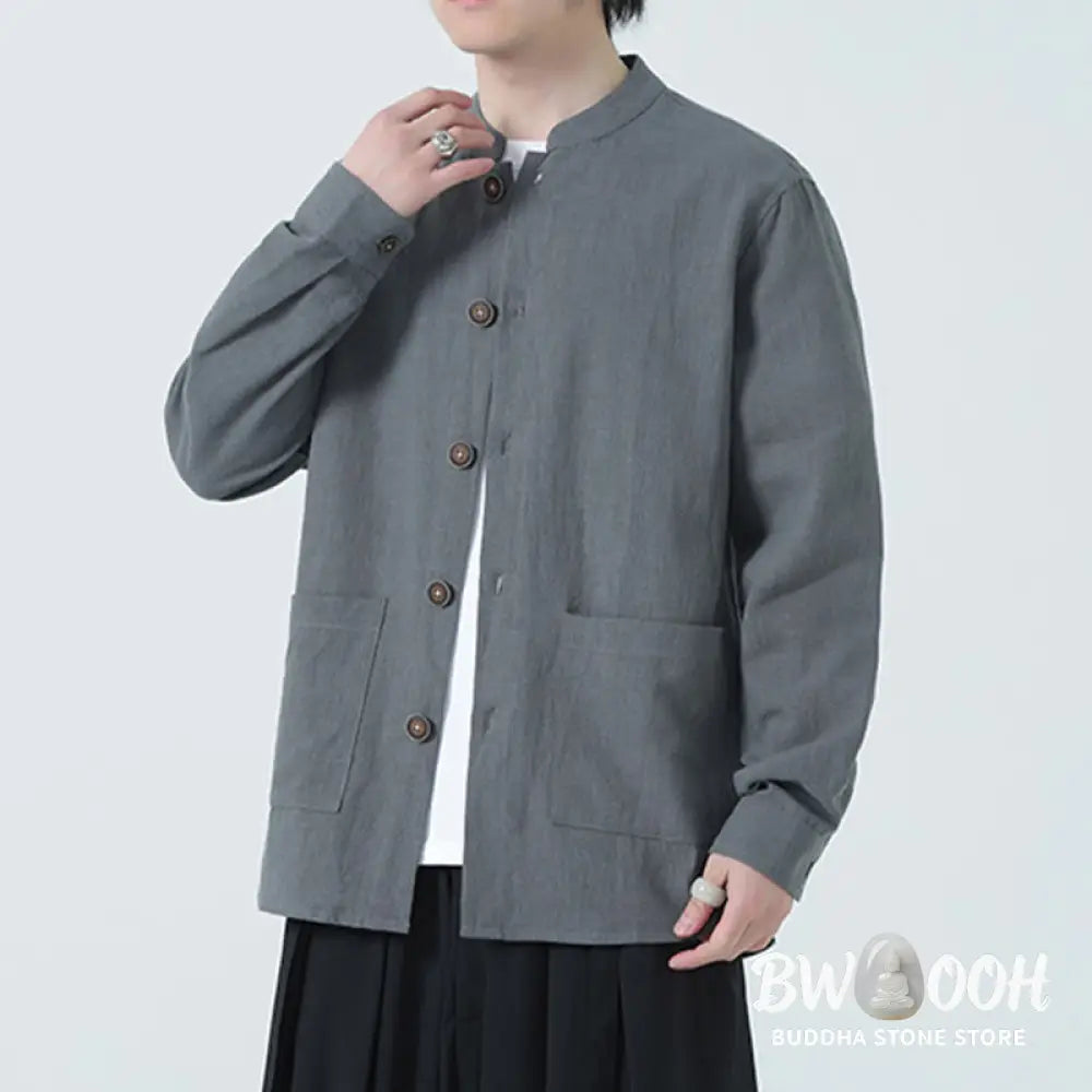 Buddha Stones Men’s Button Ramie Linen Cotton Fleece Lined Jacket Shirt With Pockets - Men’s Jacket Shirt
