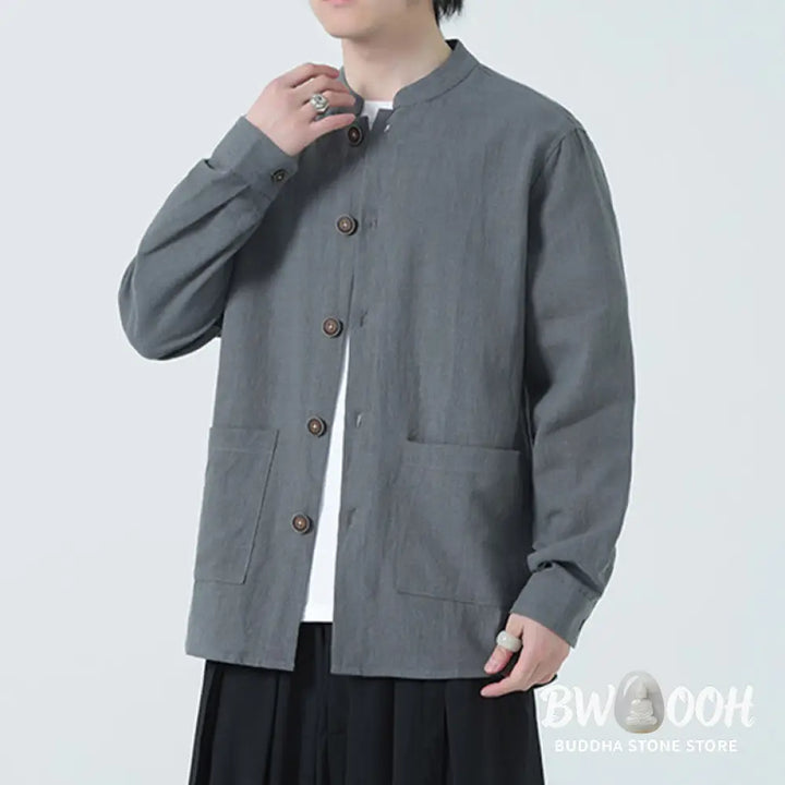 Buddha Stones Men’s Button Ramie Linen Cotton Fleece Lined Jacket Shirt With Pockets - Men’s Jacket Shirt
