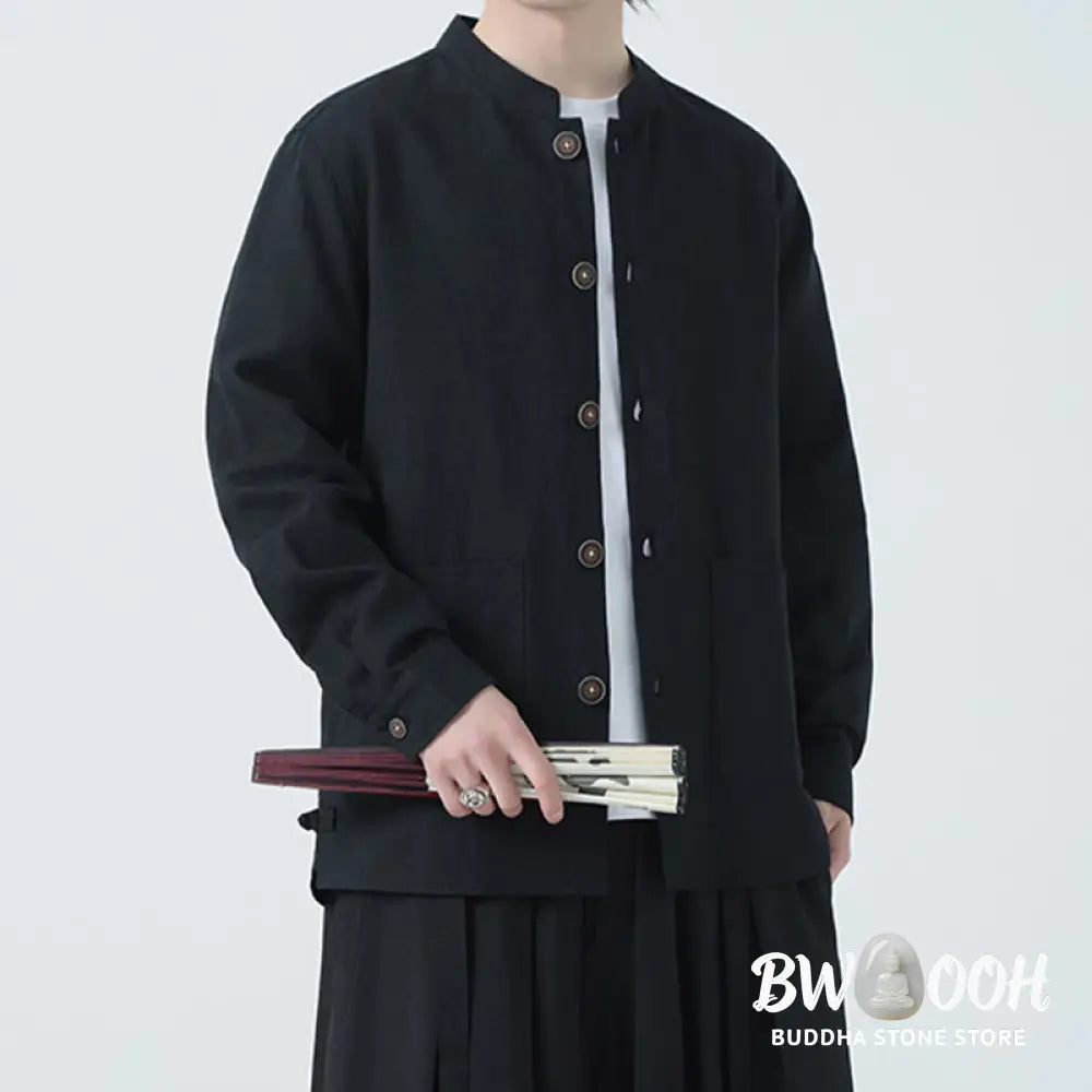 Buddha Stones Men’s Button Ramie Linen Cotton Fleece Lined Jacket Shirt With Pockets - Men’s Jacket Shirt